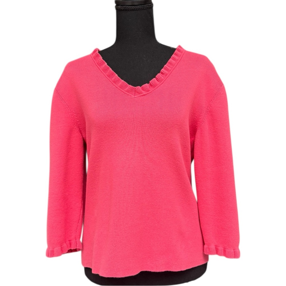 Pierre Cardin Pink Ruffle Neck Knit Sweater Top Size Medium Valentines Sweater